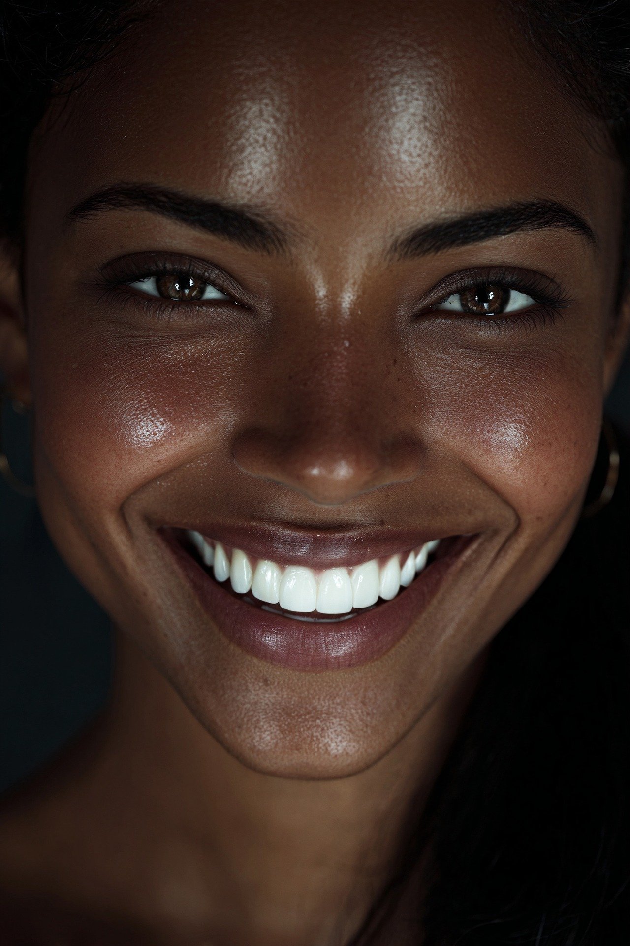 A woman smiling broadly in a close-up portrait